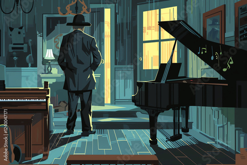 Illustrate a detective solving a crime using vector art, incorporating musical notes and instruments cleverly into the scene Show an unexpected camera angle from a surveillance camera, enhancing the s