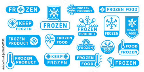 Cold frozen product labels, icons of ice crystal. Blue badges or stickers set with snowflakes, frost and thermometer symbols. Labels for packaging or product branding in cold storage or frozen goods