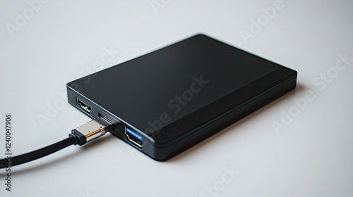 External Hard Drive Connected to USB Cable on White Background photo