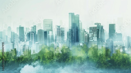 Misty hazy cityscape with towering modern skyscrapers and lush green trees creating a serene peaceful urban landscape  The blending of concrete and nature offers a tranquil
