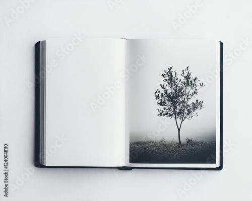 Minimalist Photograph of Tree in Open Notebook on White Background Highlighting Nature and Creativity photo