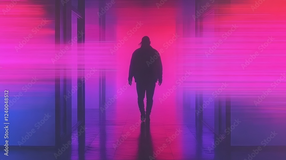 Silhouette of a person walking down a vibrant neon-lit corridor. A mysterious and futuristic scene. Silhouette of a person walking down a vibrant neon-lit corridor. A mysterious and futuristic scene.