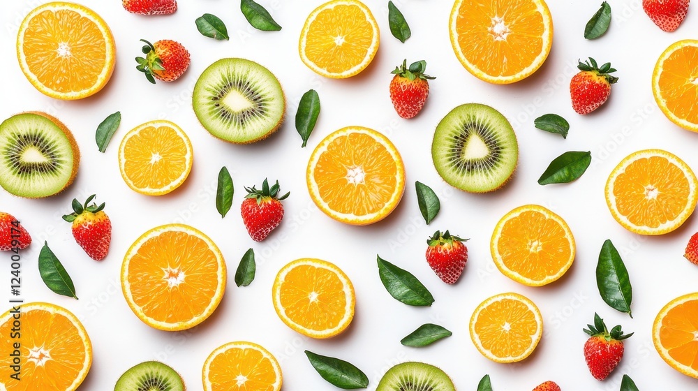 Vibrant Arrangement of Orange Slices, Green Kiwi, Red Strawberries, and Fresh Leaves on White Background Vibrant Arrangement of Orange Slices, Green Kiwi, Red Strawberries, and Fresh Leaves on White Background