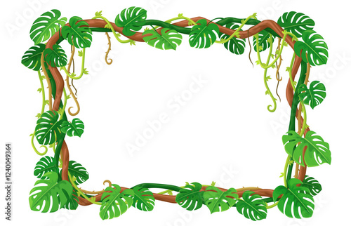 Tropical forest liana frame with green monstera leaves and vines. Cartoon vector border with intertwined tree branches and roots. Empty background with rainforest plants foliage. Photo frame template