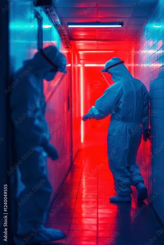 Obraz premium Two Figures In Protective Suits Walk Neon Lit Corridor