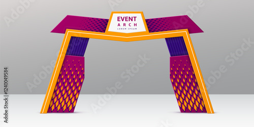 Exhibition event geometric arch. Realistic 3d vector entrance or entry, modern arc gate frame featuring a bold violet, purple and orange color scheme with rhombus patterns and central signage area