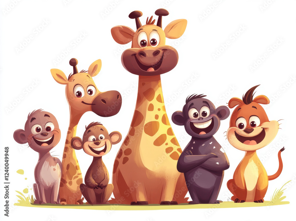 Obraz premium group of cartoon animals including giraffes, monkeys, and lions, all smiling joyfully together. This vibrant illustration captures playful and friendly atmosphere