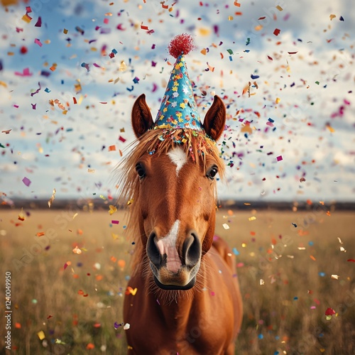 Festive brown horse wearing party hat with confetti falling against a cloudy sky backdrop