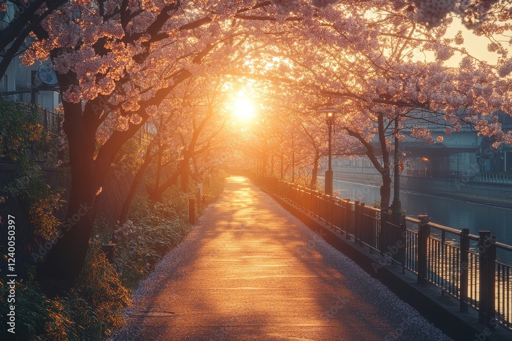 Naklejka premium Sunrise path, cherry blossoms, canal, Japan