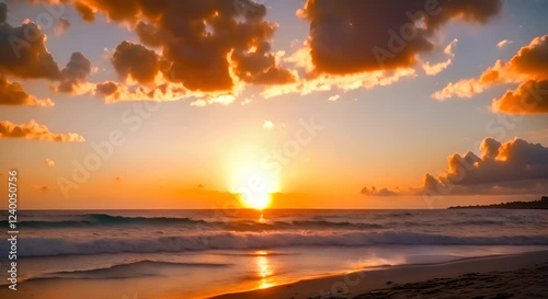 Overhead footage of a dramatic sunset over the ocean, the golden hues reflecting on the waves as they wash onto the sandy beach, with the camera slowly pulling back for a wider view