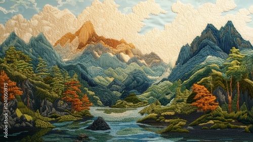 Embroidered Mountain River Landscape, vibrant threads depict serene mountains, flowing rivers, lush trees, a tapestry of nature's beauty