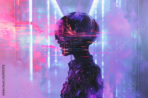 Visualize robotics innovation in a glitch art scene featuring abstract shapes and unconventional camera angles, showcasing the fusion of machine intelligence and creativity