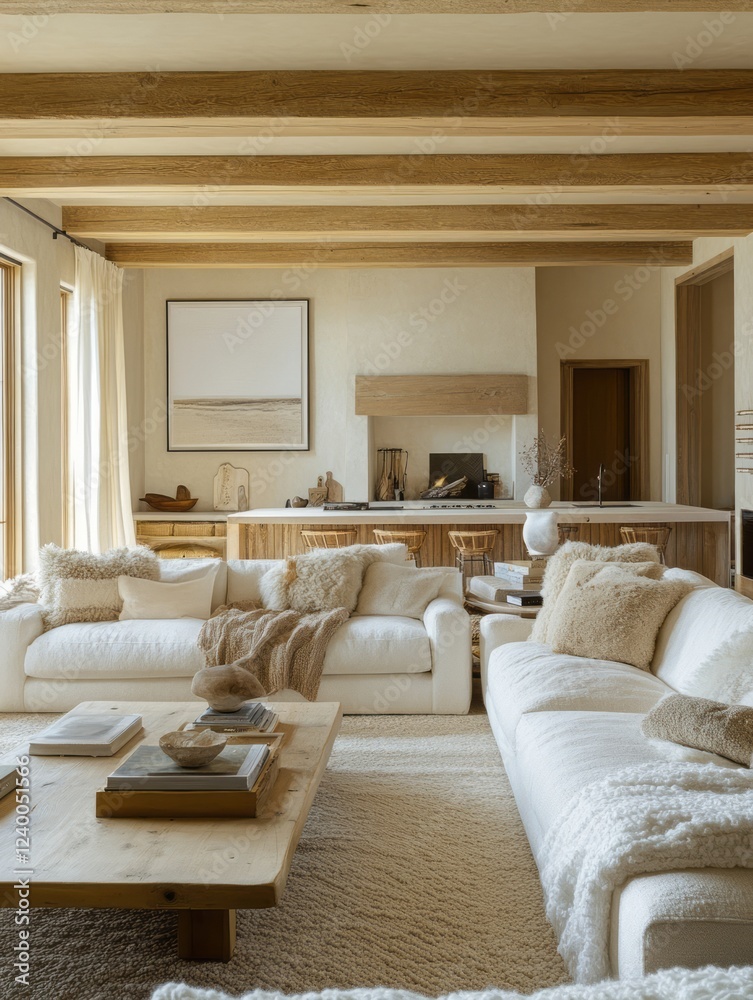 Fototapeta premium Modern Beige Living Room With Wooden Beams and Comfortable Couches