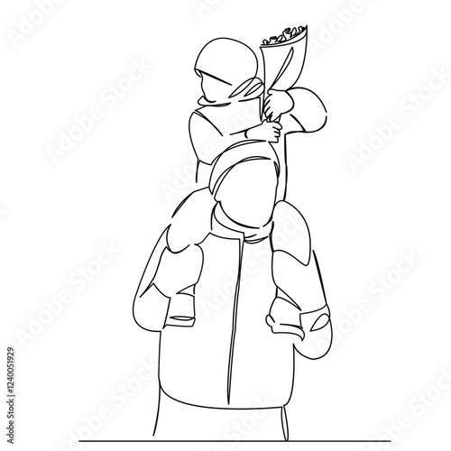 One continuous single drawing line art flat doodle parent, happy, male, little, child, family, childhood, dad. Isolated image hand draw contour on a white background