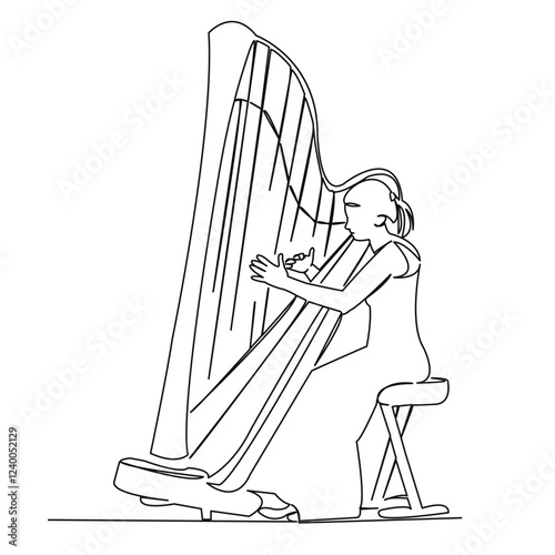 One continuous single drawing line art flat doodle beautiful, music, beauty, female, girl, harp. Isolated image hand draw contour on a white background
