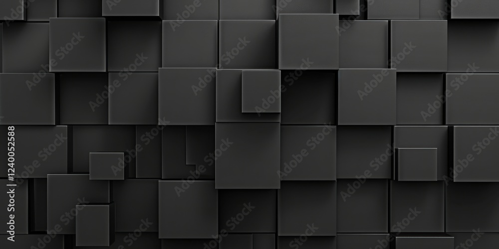 A solid black backdrop with minimalistic, floating cubes, Symmetrical and spacious design A solid black backdrop with minimalistic, floating cubes, Symmetrical and spacious design