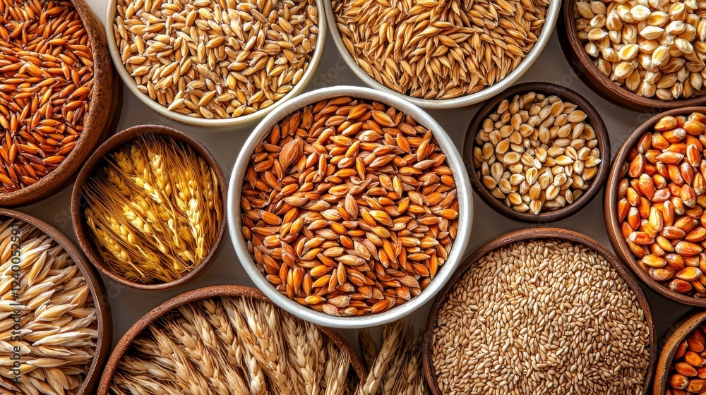 Diverse Collection of Whole Grains in Round Bowls on Light Background Showcasing Natural Textures Diverse Collection of Whole Grains in Round Bowls on Light Background Showcasing Natural Textures