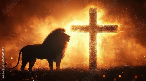 Silhouette of a lion standing before a cross- both glowing in a fiery golden light- symbolizing faith- strength- and divine power photo