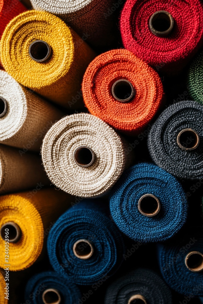 Colorful yarn spools arranged in a circular pattern