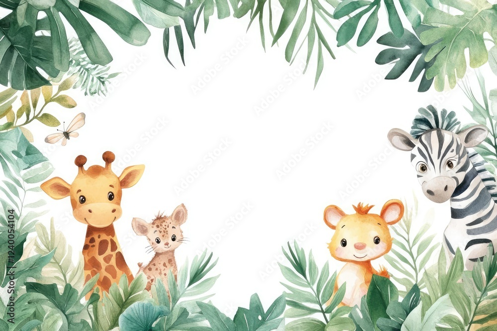 Obraz premium whimsical watercolor safari frame playful animals peeking from lush foliage soft pastel palette dreamy atmosphere