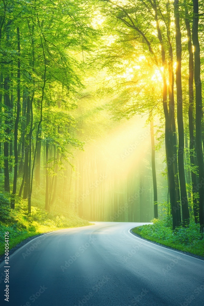 Naklejka premium Serene Curved Road Through Lush Green Forest