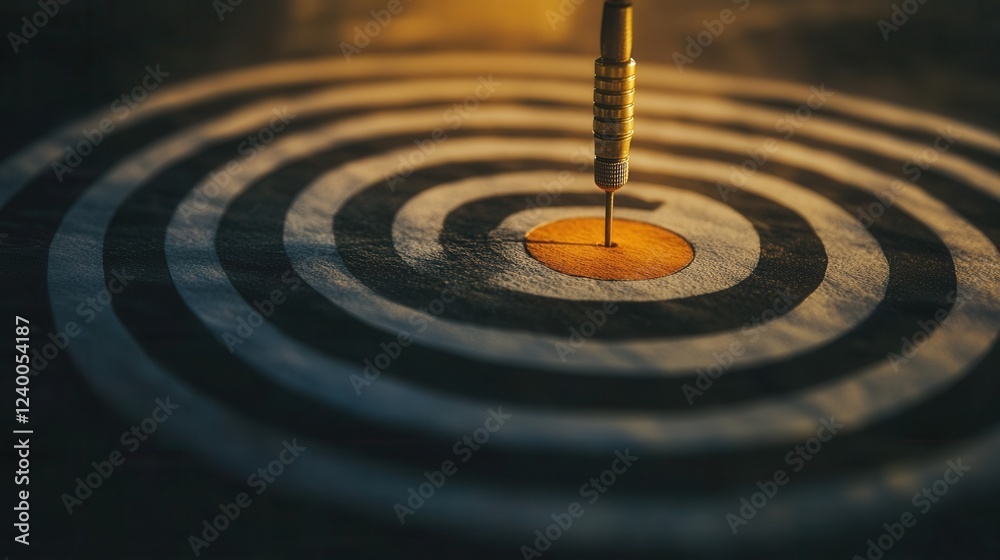 Business goal achievement, dart striking bullseye, symbolizing precision and success in strategic planning, focus on objectives, clear target alignment