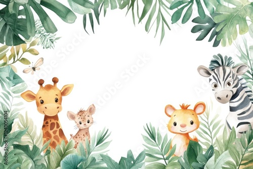 whimsical watercolor safari frame playful animals peeking from lush foliage soft pastel palette dreamy atmosphere photo