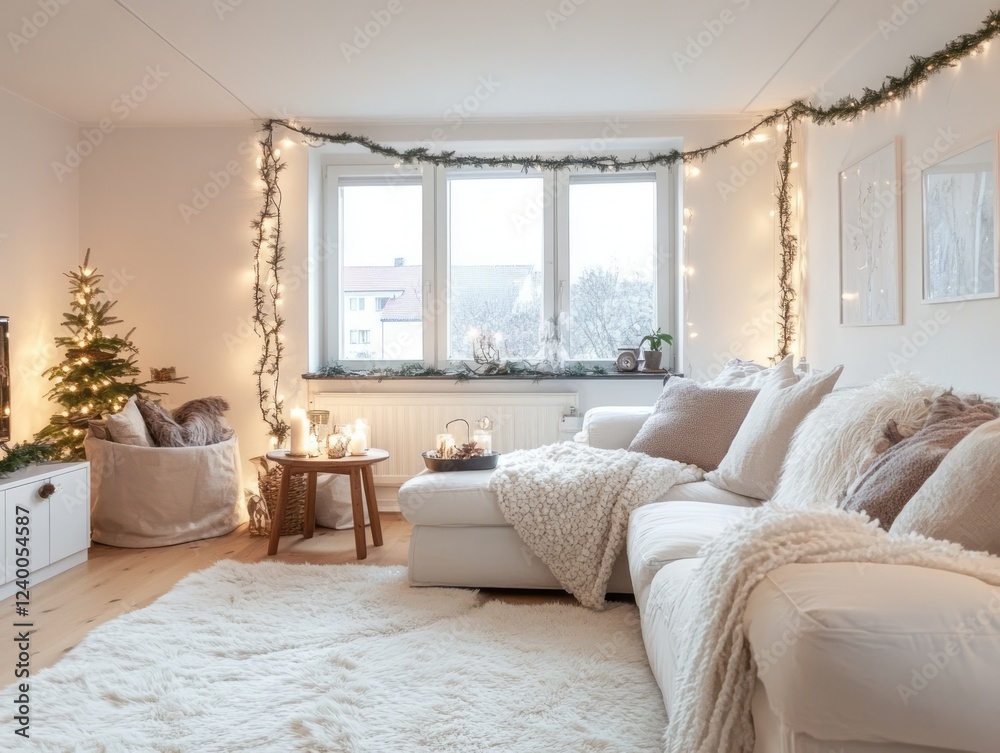 Fototapeta premium Cozy Winter Living Room Decorated For Christmas