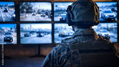 Soldier monitors urban traffic through multiple screens in a high-tech surveillance room at military facility