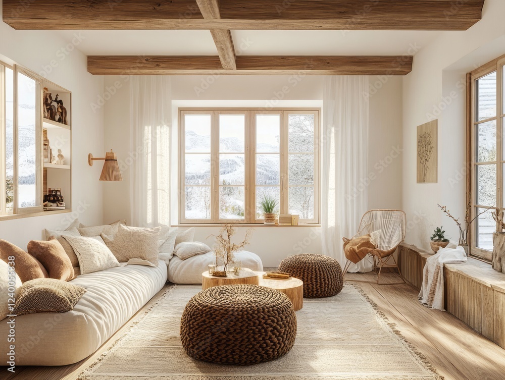 Fototapeta premium Cozy Rustic Living Room With Mountain View