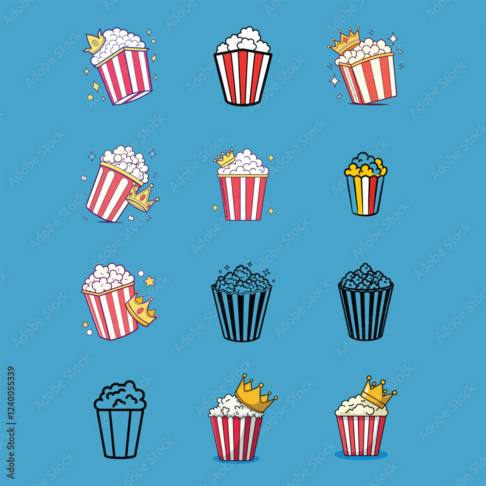Popcorn Bucket Vector Icons Set Cinema Snack Illustrations Popcorn Bucket Vector Icons Set Cinema Snack Illustrations