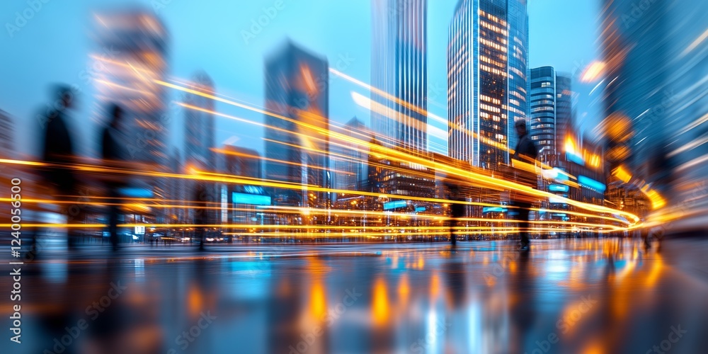 Blurred business professionals crossing rainy city street, vibrant light trails illuminating nighttime urban landscape with skyscrapers towering overhead Blurred business professionals crossing rainy city street, vibrant light trails illuminating nighttime urban landscape with skyscrapers towering overhead