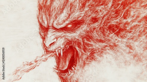 Fierce red dragon sketch, textured and detailed, breathing fire.  Intense and dramatic. photo