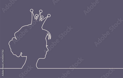 Profile view silhouette of a princess or queen. Cute girl portrait. Fashion branding emblem. Thin line style