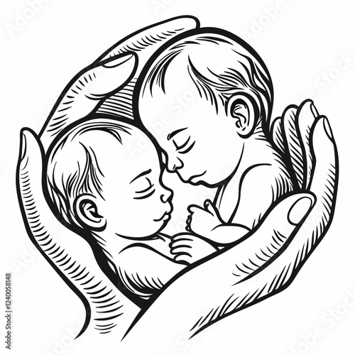 Precious twins sleep soundly embraced in loving hands, forming a heart shape.