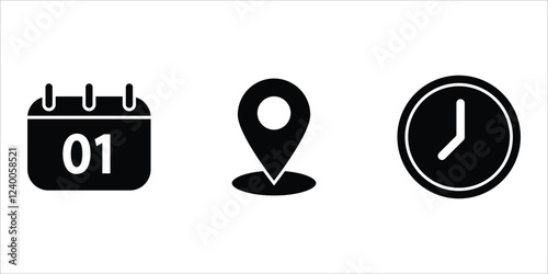 Location marker, calendar, and clock icon vector set. Address, date, and time sign symbol