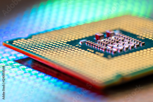 Macro Studio Shot of a CPU Wafer in a High-Tech Laboratory.A highly detailed macro shot of a CPU wafer placed in a laboratory, showcasing the intricate semiconductor design.