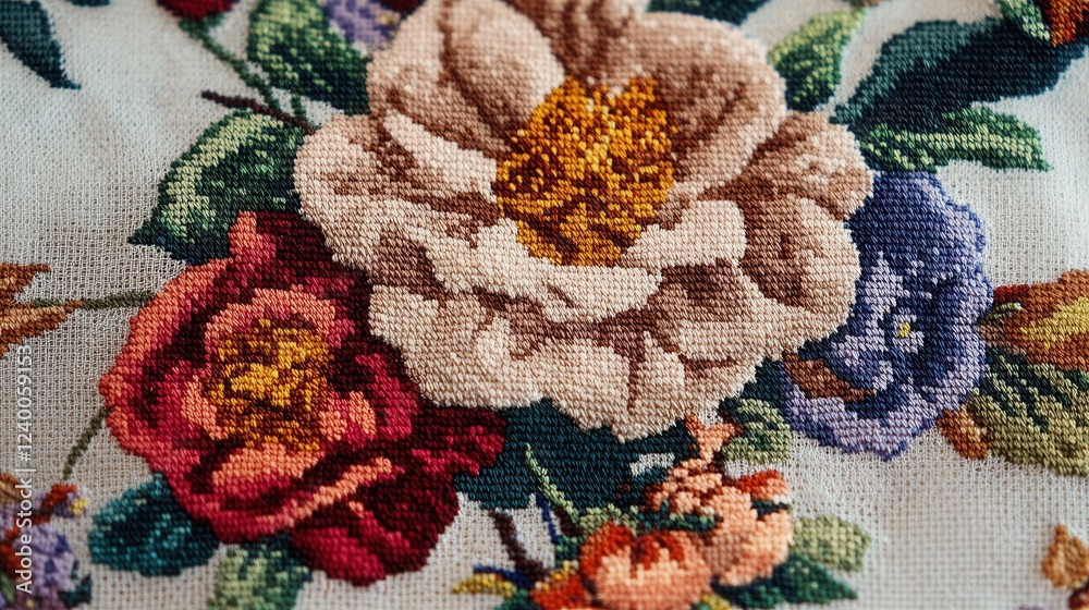 Intricate floral cross-stitch embroidery showcasing vibrant colors and delicate patterns, highlighting craftsmanship and artistry in textile design