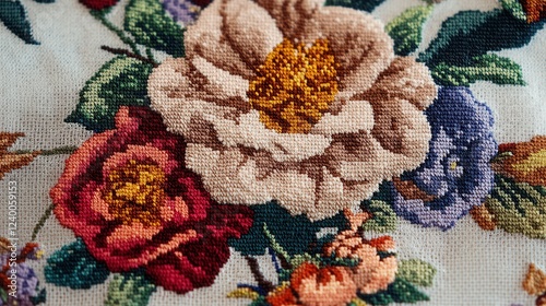 Obraz na płótnie Intricate floral cross-stitch embroidery showcasing vibrant colors and delicate patterns, highlighting craftsmanship and artistry in textile design w salonie