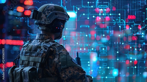 Armored military soldier equipped with tactical gear and weapons navigating through a futuristic city during a nighttime combat or battlefield mission