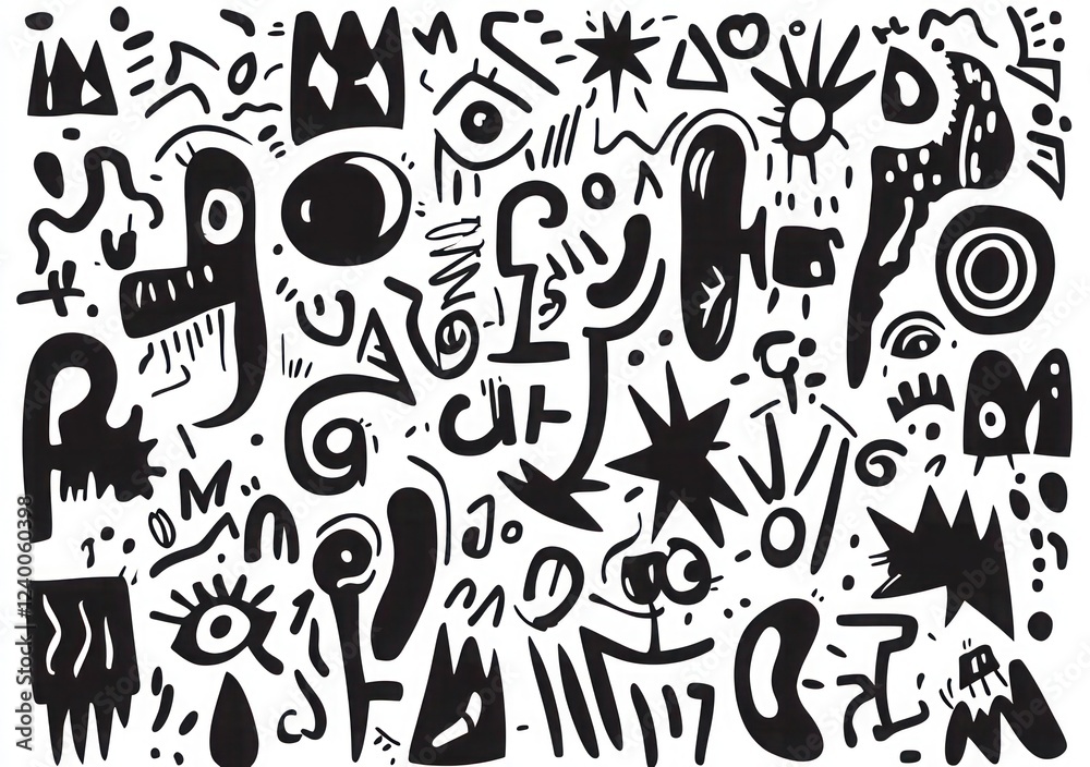 A black and white drawing of many faces and letters A black and white drawing of many faces and letters