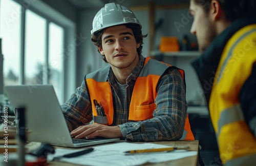 A man wearing a hard hat and orange vest is talking to another man