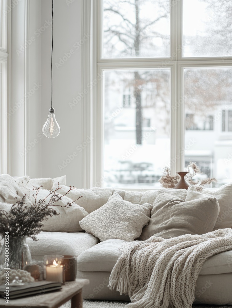 Fototapeta premium Cozy Winter Living Room Scene with Linen Sofa