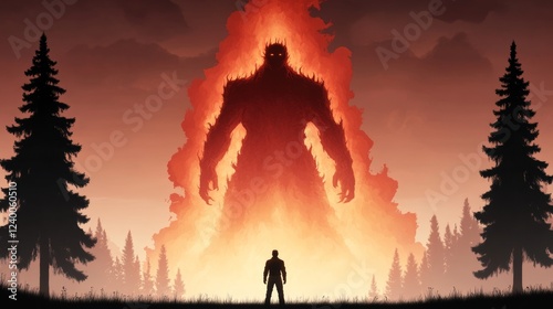 A lone figure confronts a colossal, fiery behemoth in a dramatic, silhouetted landscape.
