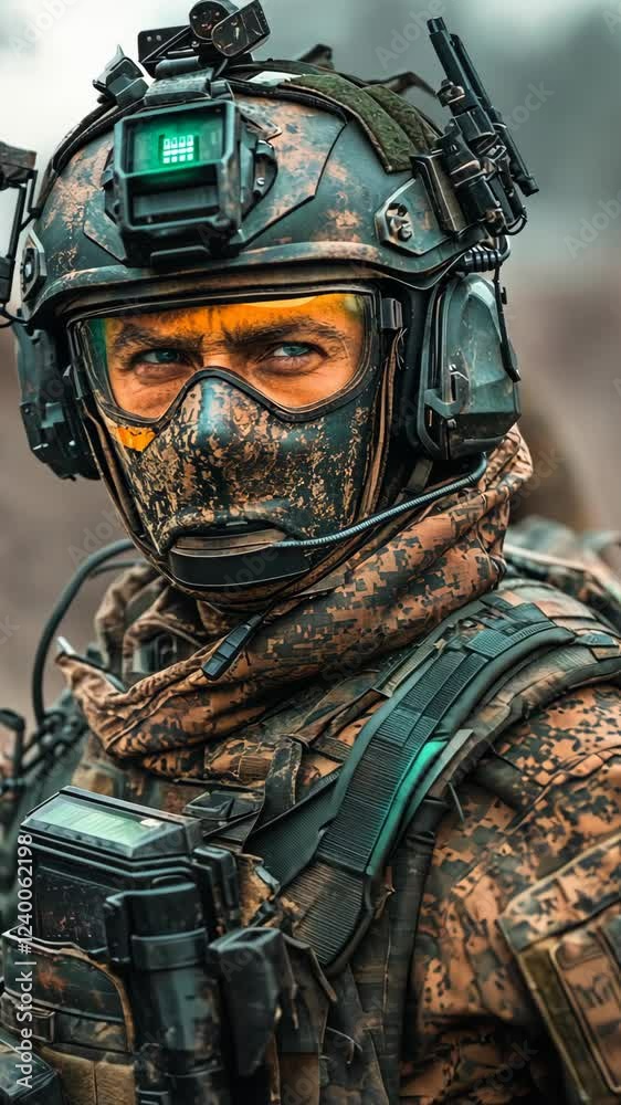 Soldier in tactical gear stands ready for action in a rugged terrain during a military operation Soldier in tactical gear stands ready for action in a rugged terrain during a military operation