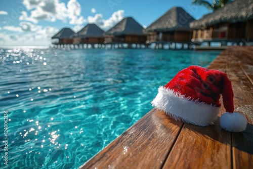 Christmas Santa Hat by the Pool at Luxury Resort Tropical Vacation Getaway in Summer Sun Near Ocean and Overwater Bungalows