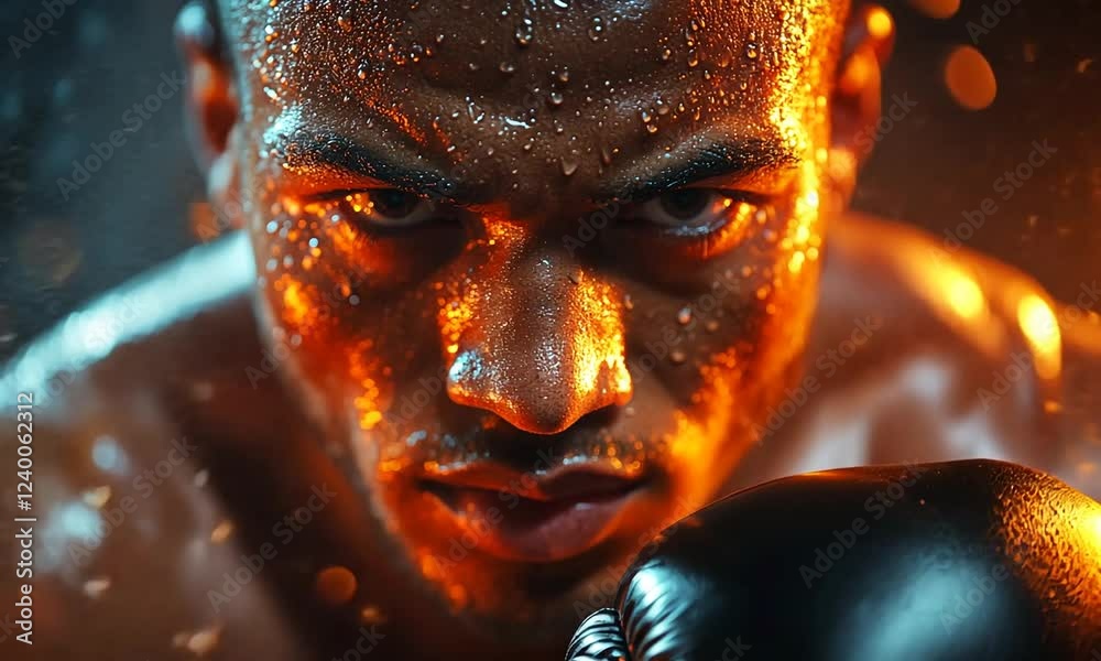 Intense close-up of a focused boxer preparing for a fight, with dynamic splashes of water in the background