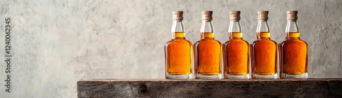 Refreshing Fermented Beverages for Ultimate Enjoyment, Five bottles of amber liquid on a rustic shelf against a textured wall background.