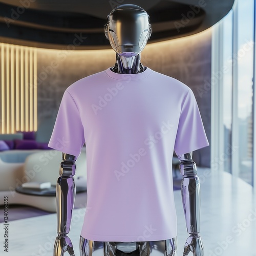 Robot android with sleek, metallic body wearing lilac short sleeve shirt. Basic oversized t-shirt mockup. Unisex casual sport tee template with futuristic background