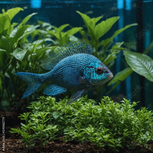 Nimbochromis fuscotaeniatus (spothead hap, fuscotaeniatus hap). freshwater spectacular cichlid Nannacara anomala neon blue, young male demonstrate its beaty stretching fins, green leaves of Amazonian  photo